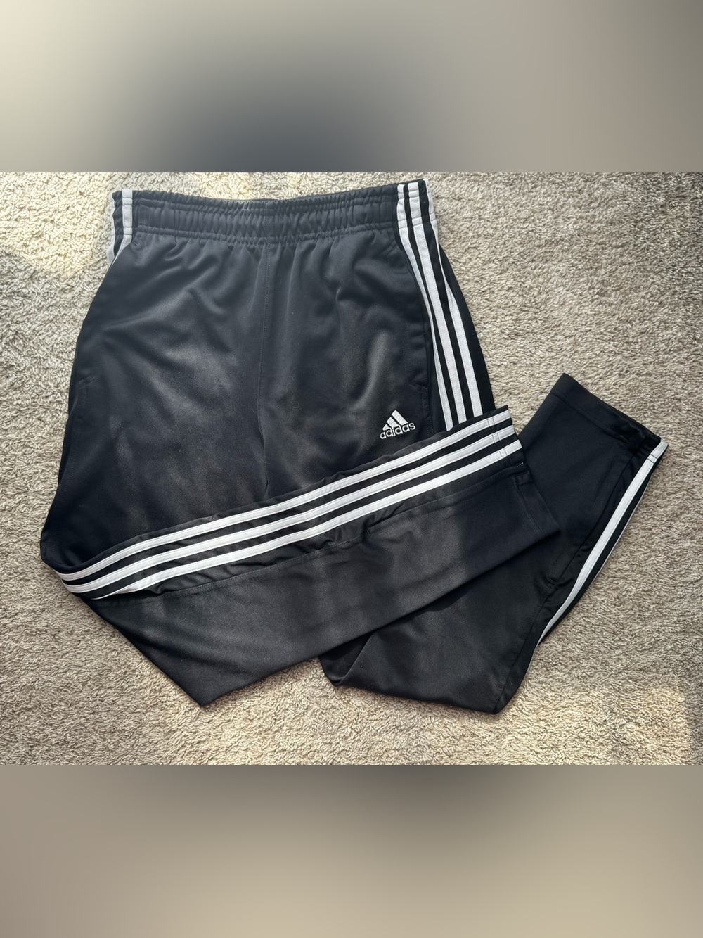Adidas Black Three Stripe Track Pants Athletic Joggers Tapered Zip Ankle Small